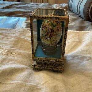 Cloissonne Egg in Glass Display Case Wooden Stand